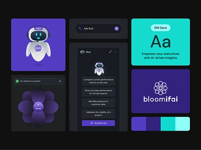 BloomifAI - A Visual Identity That Blossoms with AI Innovation ai app branding bud colorpalette darktheme design designsystem dmsans identity palette platform purple purples robot teal teals typography ui uistyleguide