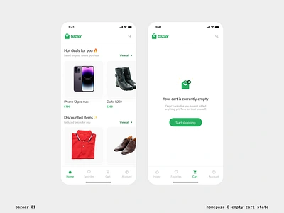 Bazaar -Homepage & empty cart app cart e commerce empty state green homepage market ui