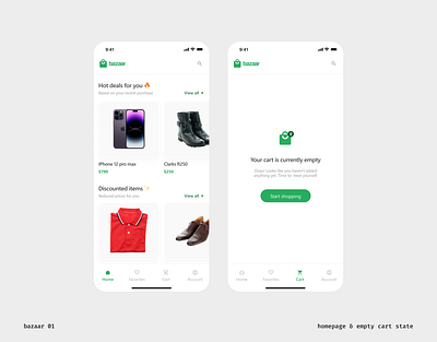 Bazaar -Homepage & empty cart app cart e commerce empty state green homepage market ui