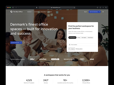 Coworking Space - Homepage book branding button coworking figma header hero section leading companies navigation office space search social proof trusted by ui ux web design website work workplace