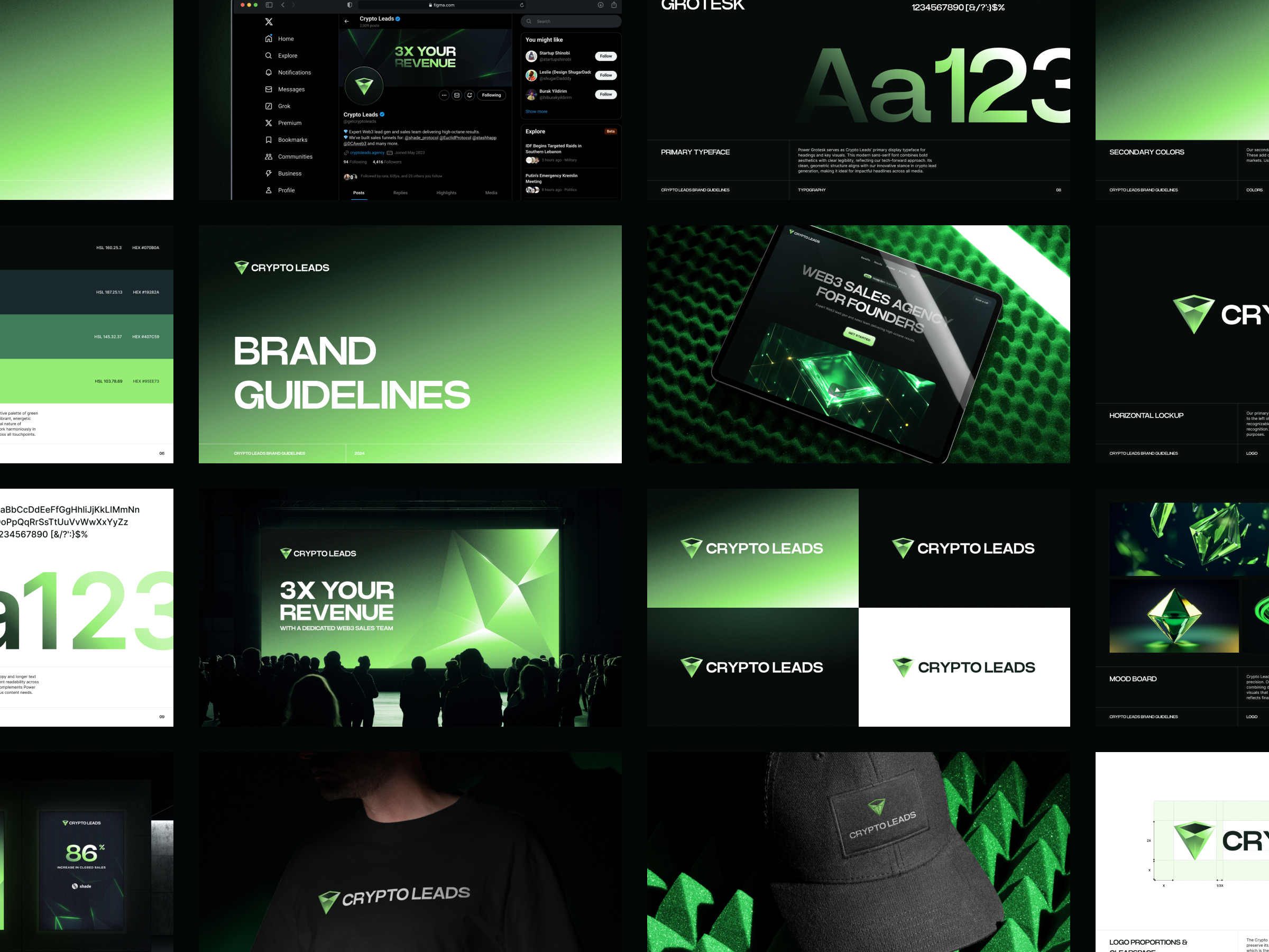 Crypto Leads Brand Guidelines brand guidelines branding crypto cyberpunk futuristic gradient green identity logo design mint power grotesk style guide typography visual identity web3