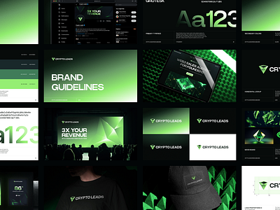 Crypto Leads Brand Guidelines brand guidelines branding crypto cyberpunk futuristic gradient green identity logo design mint power grotesk style guide typography visual identity web3