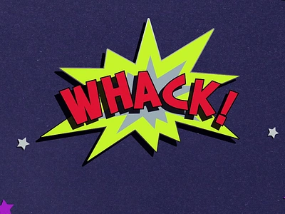 Whack! 2d animation comic book style loop motion graphics speech balloon stars typography whack