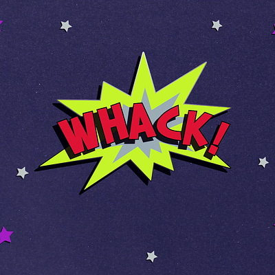 Whack! 2d animation comic book style loop motion graphics speech balloon stars typography whack