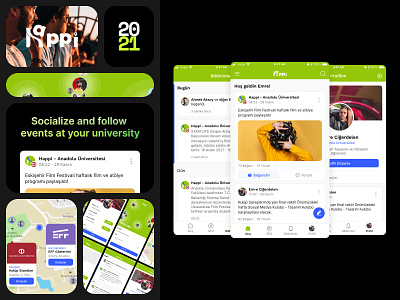 2021 - Happi Mobile Concept - UI - AU feed main page map mobile profile ui
