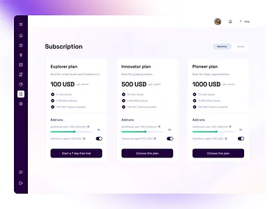 Subscription Plans – Pricing and Features Page ai ai agents clean design dashboard plan options pricing plans subscribe subscription subscription page ui ux workflows