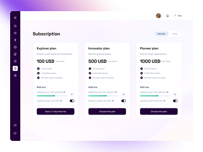 Subscription Plans – Pricing and Features Page ai ai agents clean design dashboard plan options pricing plans subscribe subscription subscription page ui ux workflows