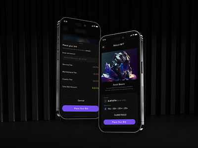 NFT Auction Interface Design 💎 bidding platform blockchain app crypto art crypto trading crypto wallet integration dark mode ui digital assets digital collectibles innovative ux interactive design minimalist ui mobile app design nft auction nft marketplace nft profiles nft sales countdown seamless transactions secure bidding sleek design user experience