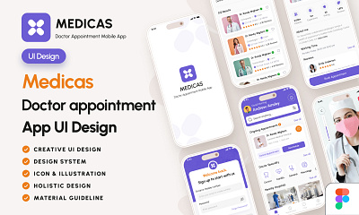 Medicas – Doctor Appointment App UI Design 🚑📱 app appinterface creativeu designsystem doctorappointmentapp figma free freebie health healthcareapp healthtech holisticdesign illustrations materialdesign medtechdesign mobileappdesign ui ui design uiuxdesign ux