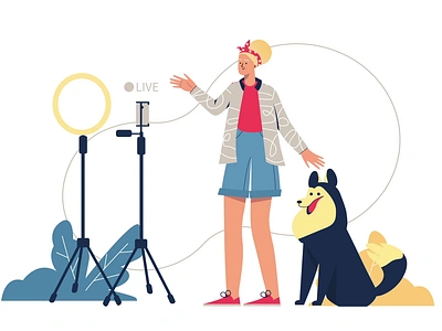 Blogging Streaming 2D Animation 2d animation blog blogger blogging broadcast content content creation dog flat illustration influencer motion pets social media streamer streaming video vlogging woman