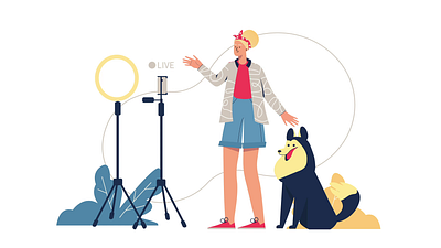 Blogging Streaming 2D Animation 2d animation blog blogger blogging broadcast content content creation dog flat illustration influencer motion pets social media streamer streaming video vlogging woman