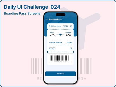 Challenge #024 - Boarding Pass UI | Daily UI airlineapp bluetheme boardingpassdesign cleandesign dailyui designinspiration digitalboardingpass flightui interfacedesign intuitivedesign minimaldesign mobileappdesign mobileui modernui qrcodedesign travelapp travelinterface uichallenge userexperience uxdesign