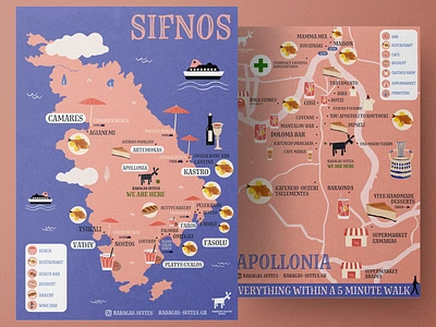 Greek Island Illustrated Map boat icon city map country map custom map food and drink greek island greek map illustrated map map illustration pink and blue restaurant map sifnos umbrella icon vector map wine icon