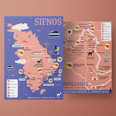 Greek Island Illustrated Map boat icon city map country map custom map food and drink greek island greek map illustrated map map illustration pink and blue restaurant map sifnos umbrella icon vector map wine icon