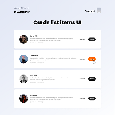 Cards List Items UI Kit buttons cards follow list post ui user experince ux