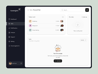 Hummingbird - Task management Dashboard colorful dashboard illustration minimal panel product task management ui ux