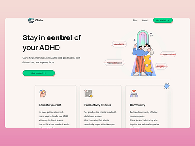 Clario: ADHD Control Landing Page adhd branding calm design concentration design digital wellness focus good habits habit building landing page ui logo mental health productivity ui ui design ux ux design web design web ui website