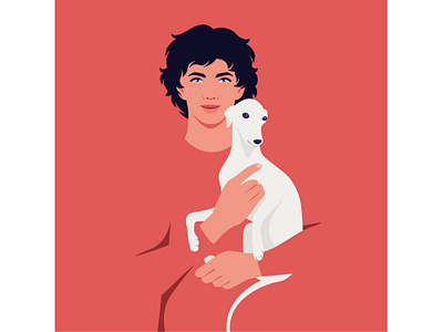 A young curly man holding an Italian greyhound puppy red color veterinarian