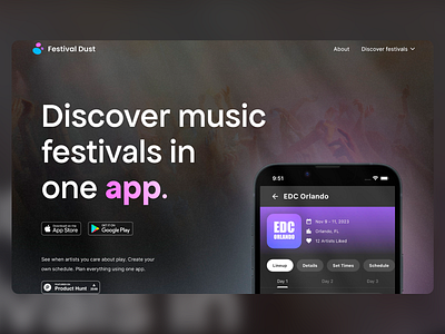 Festival Dust - Music Fests App app design app designer app ui app ux branding design event app festivals mobile mobile app mobile app design music app music festival music festivals app ui ui design ui designer ux ux design uxui