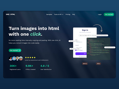 IMG 2 HTML - AI converter web app ai converter branding code generator efficiency html image image to html landing page one click productivity software ui design ux design web web design web developer web development web tools web ui web ux website design