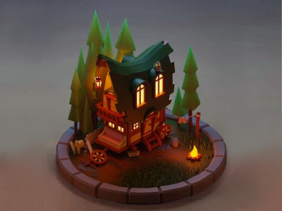 3D Wandering Hearth 3d 3d art 3d art work 3d forest 3d house 3d house in forest 3d storytelling scene campfire creative architecture custom house design fantasy visuals low poly nature micro living mobile vintage home mysterious design old valley house secluded home secluded house design storytelling visual tiny home on wheels