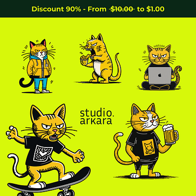 Cat Angry Black Sticker Set Disc 90% Only $1 branding cat costumize cute design illustration illustrationset orange sticker