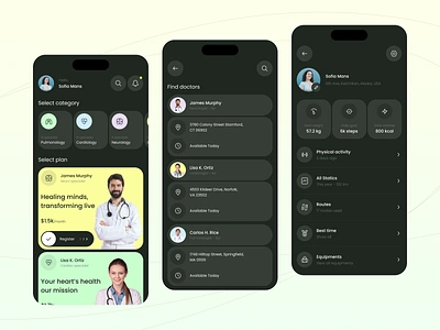 Healthcare Mobile App - Dark app app design black ui dark app dark mode dark ui dashboard doctor healthcare hospital ios app medicine minimal mobile mobile app trending ui uiux user interface wellness