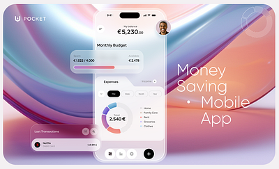 Money Saving Mobile App 5 ws case study dashboard finance infographic light interface mobile money money saving tool pocket app progress bar ui user stories ux wallet