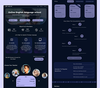 Online English language school landing language school ui web design