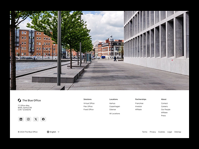 Coworking Space - Footer branding clean ui cookies copyright figma footer language selector link locations minimal modern nav navigation office privacy ui ux web design website workspace