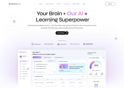 NeuroByte AI: Landing Page adaptive education ai artificial intelligence branding education hero design landing page machine leanring online leanring platform purple school student study technology ui user interface web design website website design