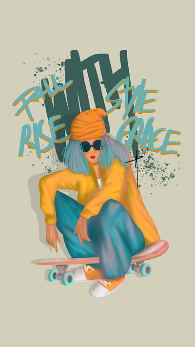 Fall With Style, Rise With Grace artwork book cover branding design digital drawing fantasy female graphic design ill illustration photoshop procreate skateboard style woman