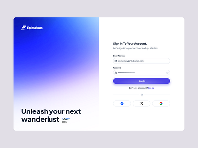 Epicurious - Sign in Exploration app design gradient minimalist project purple sign in travel ui ux web design website