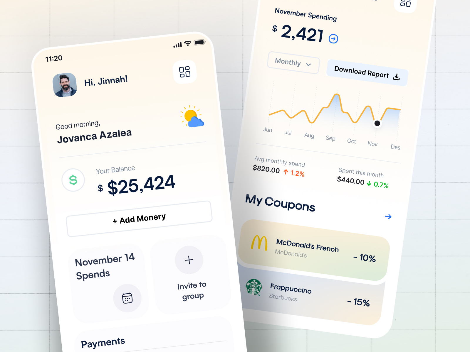 Personal Finance Mobile App Design balance overview budgeting app coupon management data visualizatios expense tracker finance tracing app fintech ui holelore interactive graphs mobile app design modern app ui money management monthly analytics personal finance app savings dashbard spending insights spending tracker user friendly design