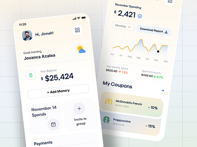 Personal Finance Mobile App Design balance overview budgeting app coupon management data visualizatios expense tracker finance tracing app fintech ui holelore interactive graphs mobile app design modern app ui money management monthly analytics personal finance app savings dashbard spending insights spending tracker user friendly design