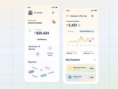 Personal Finance Mobile App Design balance overview budgeting app coupon management data visualizatios expense tracker finance tracing app fintech ui holelore interactive graphs mobile app design modern app ui money management monthly analytics personal finance app savings dashbard spending insights spending tracker user friendly design
