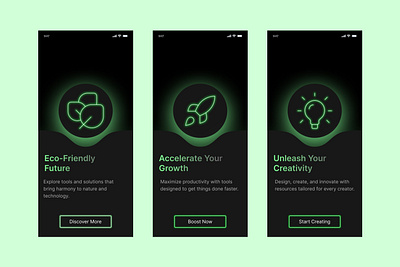 Futuristic Onboarding Screens 🌟🚀 appdesign darktheme ecofriendly figma futuristicdesign greenaesthetic innovation mobiledesign modernui neondesign onboardingscreens ui ux