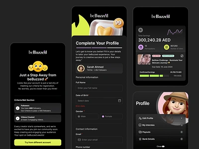 Influencer Connections – beBuzzed Mobile App Design arab arabic dark theme ui. dubai ux