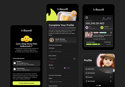 Influencer Connections – beBuzzed Mobile App Design arab arabic dark theme ui. dubai ux