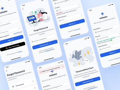 asklepios v2: AI Healthcare Wellness App - Sign In/Sign Up Auth ai health assistant ai health companion ai healthcare app blue clean digital health app fitness ui kit health ui healthcare app healthcare ui kit log in minimal mobile app modern sign in sign up ui kit virtual care wellness app wellness ui kit