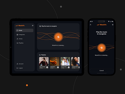 Music Recognition - UI Design app clean ui dark dark mode design minimal ui mobile ui music music app music recognition music ui music web product product design sound ui ui design ux web web ui