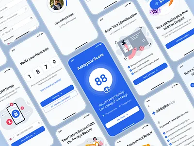 asklepios v2: AI Healthcare & Wellness App - User Onboarding UI ai health assistant ai health companion ai healthcare app assessment blue clean digital health app fitness ui kit health assessment health tracker app health ui healthcare app healthcare ui kit minimal mobile app modern ui kit virtual care wellness app wellness ui kit