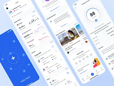 asklepios v2: AI Healthcare & Wellness App - Home Screen UIUX ai health assistant ai health companion ai healthcare app blue clean digital health app fitness ui kit health metrics health tracker app health ui health ui kit healthcare design pattern healthcare ui kit home screen minimal mobile app modern virtual care wellness app wellness ui kit