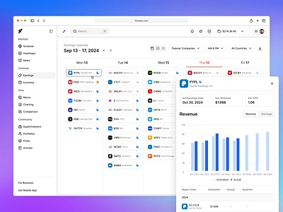 Companies Earnings - Finsepa.com analytics buy calendar charts companies crm dashboard data finance fintech investing paypal sell stocks ui ux