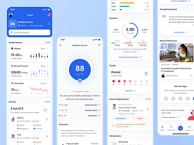asklepios v2: AI Health & Wellness App - Home & Smart Metrics UI ai health assistant ai health companion ai healthcare app blue clean digital health app fitness ui kit health metrics health tracker app health ui health ui kit healthcare app healthcare ui kit home screen minimal mobile app modern virtual care wellness app wellness ui kit