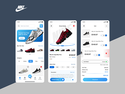 App Design for Nike Shoe 2025 app design branding buy cart design figma graphic design home page mobile screen modern design navbar new design nike purchase trending ui ux vector