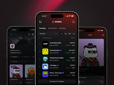 OURA Mobile NFT Marketplace app bitcoin blockchain clean crypto crypto token dark defi design game gamification marketplace mobile app mobile ui nft token ui ux web3