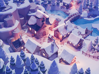 Winter Valley 3d blender christmas diorama illustration isometric lowpoly render snow village winter xmas