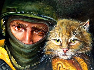 Original acrylic Ukrainian painting, Cat and Soldier, War Art art cat hand painted paint painting soldier ukraine war