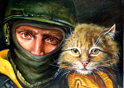 Original acrylic Ukrainian painting, Cat and Soldier, War Art art cat hand painted paint painting soldier ukraine war